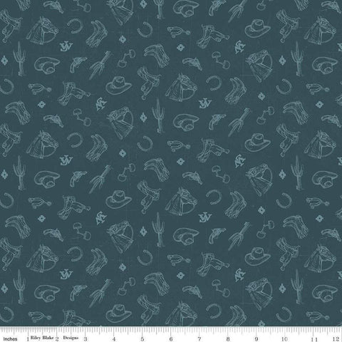 Image of John Wayne American West Icons Navy quilting cotton fabric by Riley Blake Official Product for Riley Blake Designs. Features tools on a blue background. Cute Little Fabric Shop