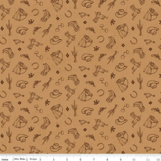 Image of John Wayne American West Icons Tan quilting cotton fabric by Riley Blake Official Product for Riley Blake Designs. Features tools on a tan background. Cute Little Fabric Shop