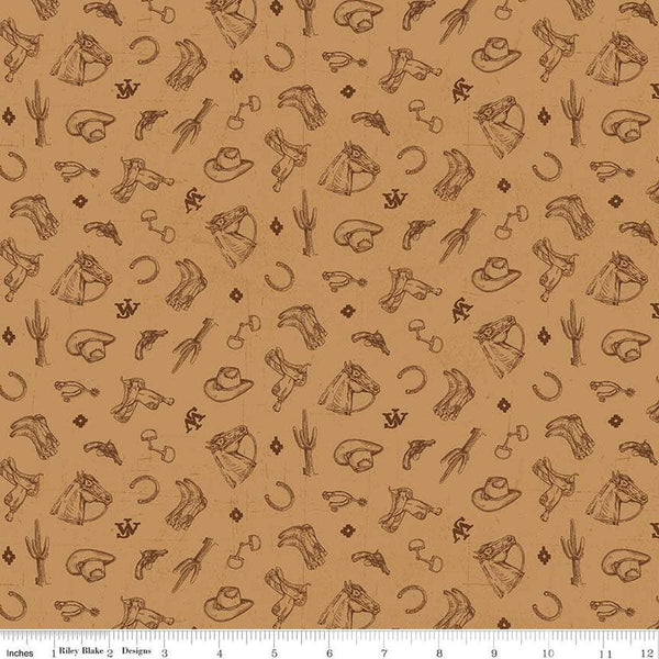 Image of John Wayne American West Icons Tan quilting cotton fabric by Riley Blake Official Product for Riley Blake Designs. Features tools on a tan background. Cute Little Fabric Shop
