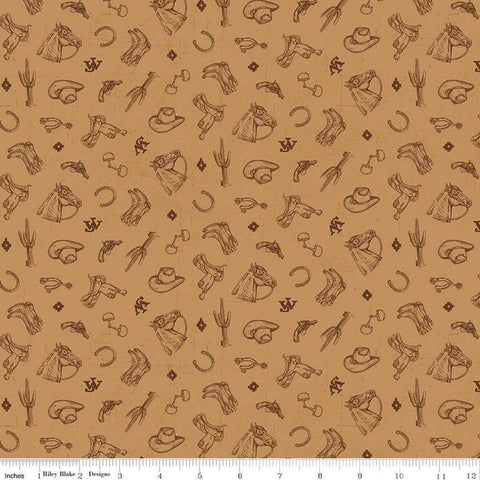 Image of John Wayne American West Icons Tan quilting cotton fabric by Riley Blake Official Product for Riley Blake Designs. Features tools on a tan background. Cute Little Fabric Shop