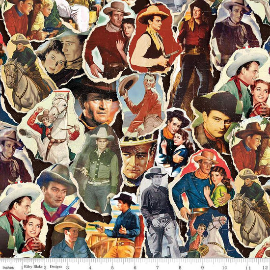 Image of John Wayne American West Poster Print Multi quilting cotton fabric by Riley Blake Official Product for Riley Blake Designs. Features cowboys on a black background. Cute Little Fabric Shop