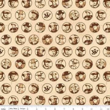Image of John Wayne American West Circles Cream quilting cotton fabric by Riley Blake Official Product for Riley Blake Designs. Features cowboys on a cream background. Cute Little Fabric Shop