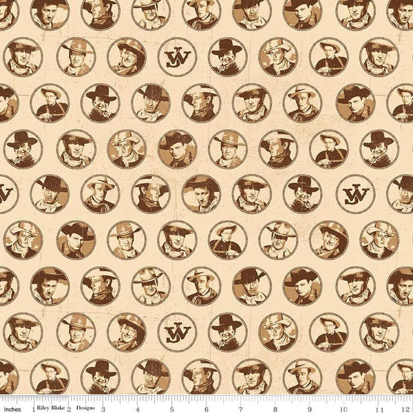 Image of John Wayne American West Circles Cream quilting cotton fabric by Riley Blake Official Product for Riley Blake Designs. Features cowboys on a cream background. Cute Little Fabric Shop