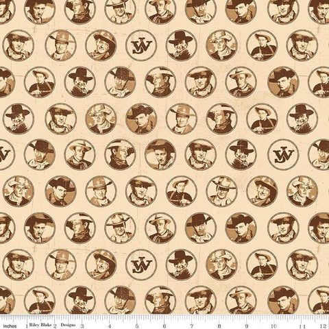 Image of John Wayne American West Circles Cream quilting cotton fabric by Riley Blake Official Product for Riley Blake Designs. Features cowboys on a cream background. Cute Little Fabric Shop