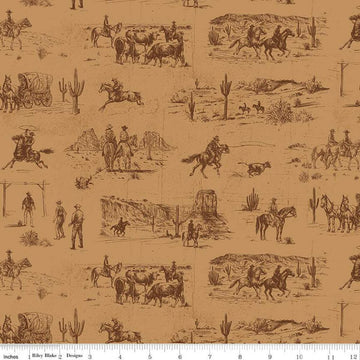 Image of John Wayne American West Main Tan quilting cotton fabric by Riley Blake Official Product for Riley Blake Designs. Features cowboys on a tan background. Cute Little Fabric Shop