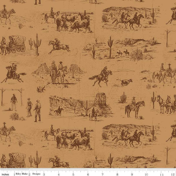 Image of John Wayne American West Main Tan quilting cotton fabric by Riley Blake Official Product for Riley Blake Designs. Features cowboys on a tan background. Cute Little Fabric Shop