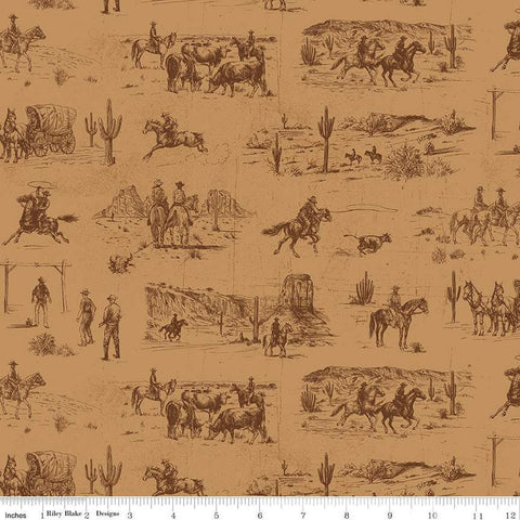 Image of John Wayne American West Main Tan quilting cotton fabric by Riley Blake Official Product for Riley Blake Designs. Features cowboys on a tan background. Cute Little Fabric Shop
