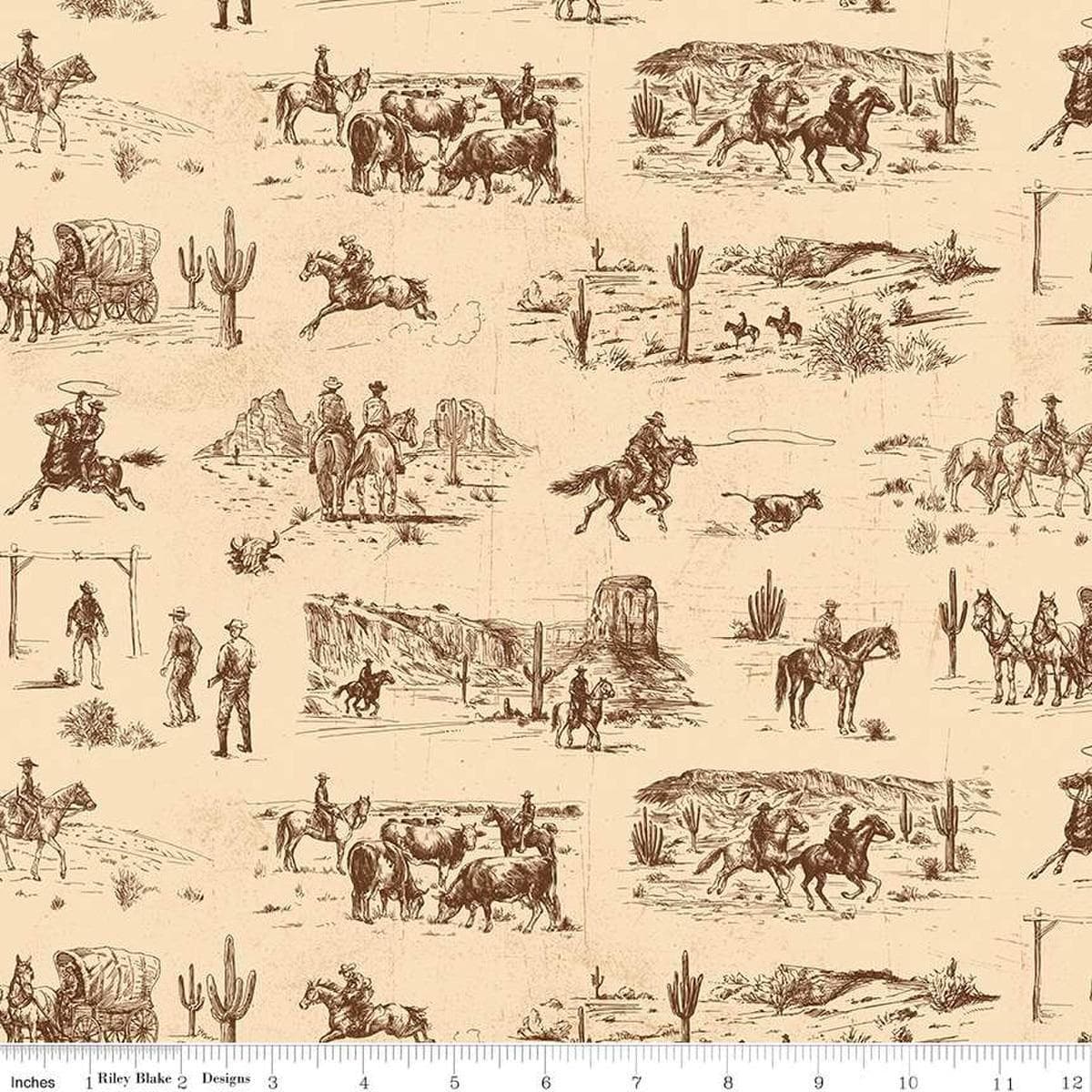 Image of John Wayne American West Main Cream quilting cotton fabric by Riley Blake Official Product for Riley Blake Designs. Features cowboys on a cream background. Cute Little Fabric Shop