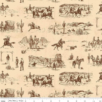 Image of John Wayne American West Main Cream quilting cotton fabric by Riley Blake Official Product for Riley Blake Designs. Features cowboys on a cream background. Cute Little Fabric Shop