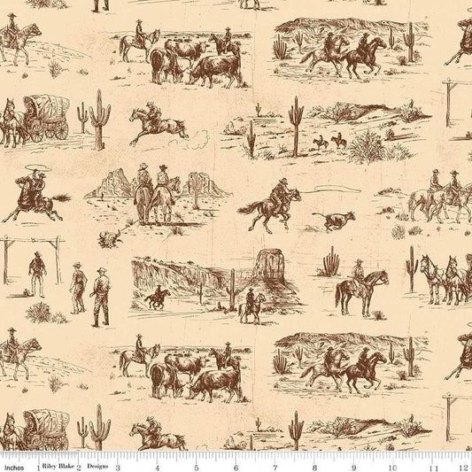 Image of John Wayne American West Main Cream quilting cotton fabric by Riley Blake Official Product for Riley Blake Designs. Features cowboys on a cream background. Cute Little Fabric Shop