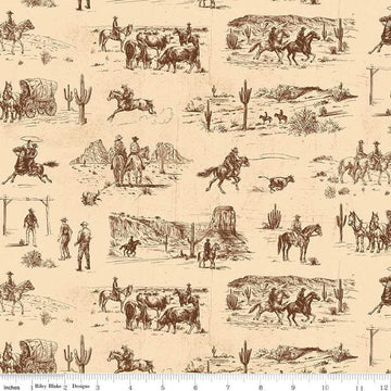 Image of John Wayne American West Main Cream quilting cotton fabric by Riley Blake Official Product for Riley Blake Designs. Features cowboys on a cream background. Cute Little Fabric Shop
