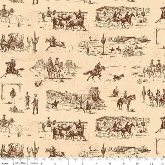 Image of John Wayne American West Main Cream quilting cotton fabric by Riley Blake Official Product for Riley Blake Designs. Features cowboys on a cream background. Cute Little Fabric Shop