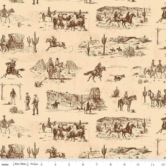 Image of John Wayne American West Main Cream quilting cotton fabric by Riley Blake Official Product for Riley Blake Designs. Features cowboys on a cream background. Cute Little Fabric Shop