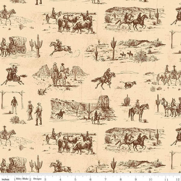 Image of John Wayne American West Main Cream quilting cotton fabric by Riley Blake Official Product for Riley Blake Designs. Features cowboys on a cream background. Cute Little Fabric Shop