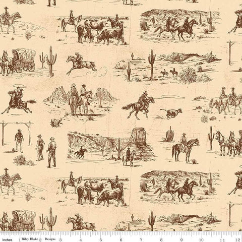 Image of John Wayne American West Main Cream quilting cotton fabric by Riley Blake Official Product for Riley Blake Designs. Features cowboys on a cream background. Cute Little Fabric Shop
