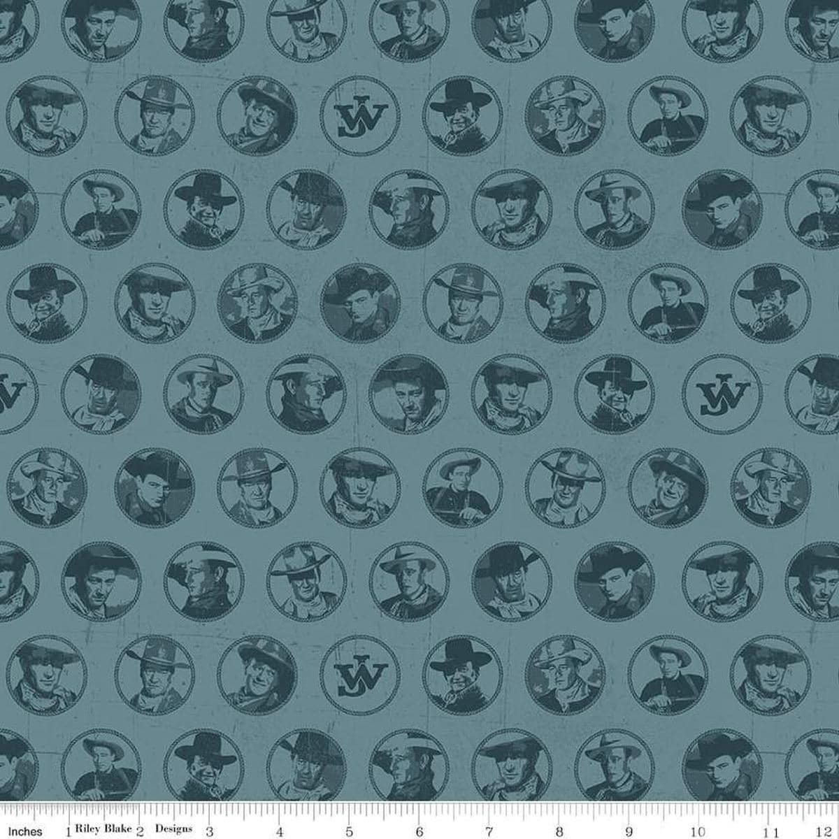 Image of John Wayne American West Circles Denim quilting cotton fabric by Riley Blake Official Product for Riley Blake Designs. Features cowboys on a blue background. Cute Little Fabric Shop