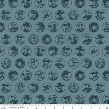 Image of John Wayne American West Circles Denim quilting cotton fabric by Riley Blake Official Product for Riley Blake Designs. Features cowboys on a blue background. Cute Little Fabric Shop