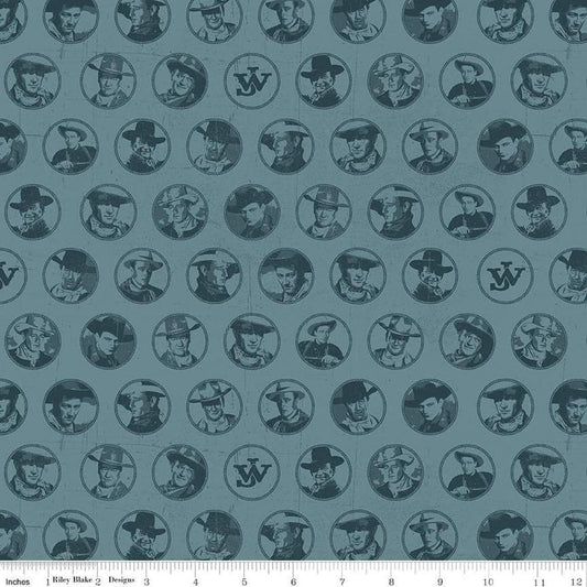 Image of John Wayne American West Circles Denim quilting cotton fabric by Riley Blake Official Product for Riley Blake Designs. Features cowboys on a blue background. Cute Little Fabric Shop