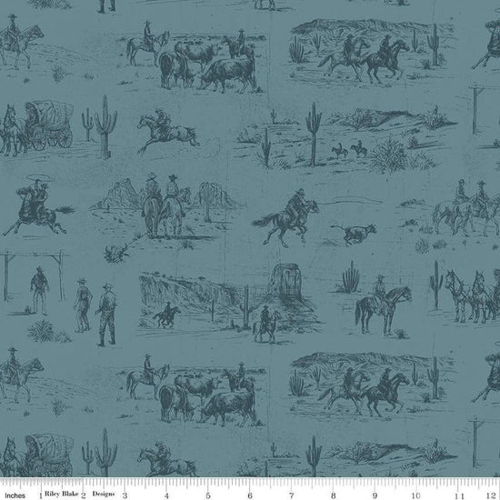 Image of John Wayne American West Main Denim quilting cotton fabric by Riley Blake Official Product for Riley Blake Designs. Features cowboys on a blue background. Cute Little Fabric Shop