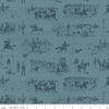 Image of John Wayne American West Main Denim quilting cotton fabric by Riley Blake Official Product for Riley Blake Designs. Features cowboys on a blue background. Cute Little Fabric Shop