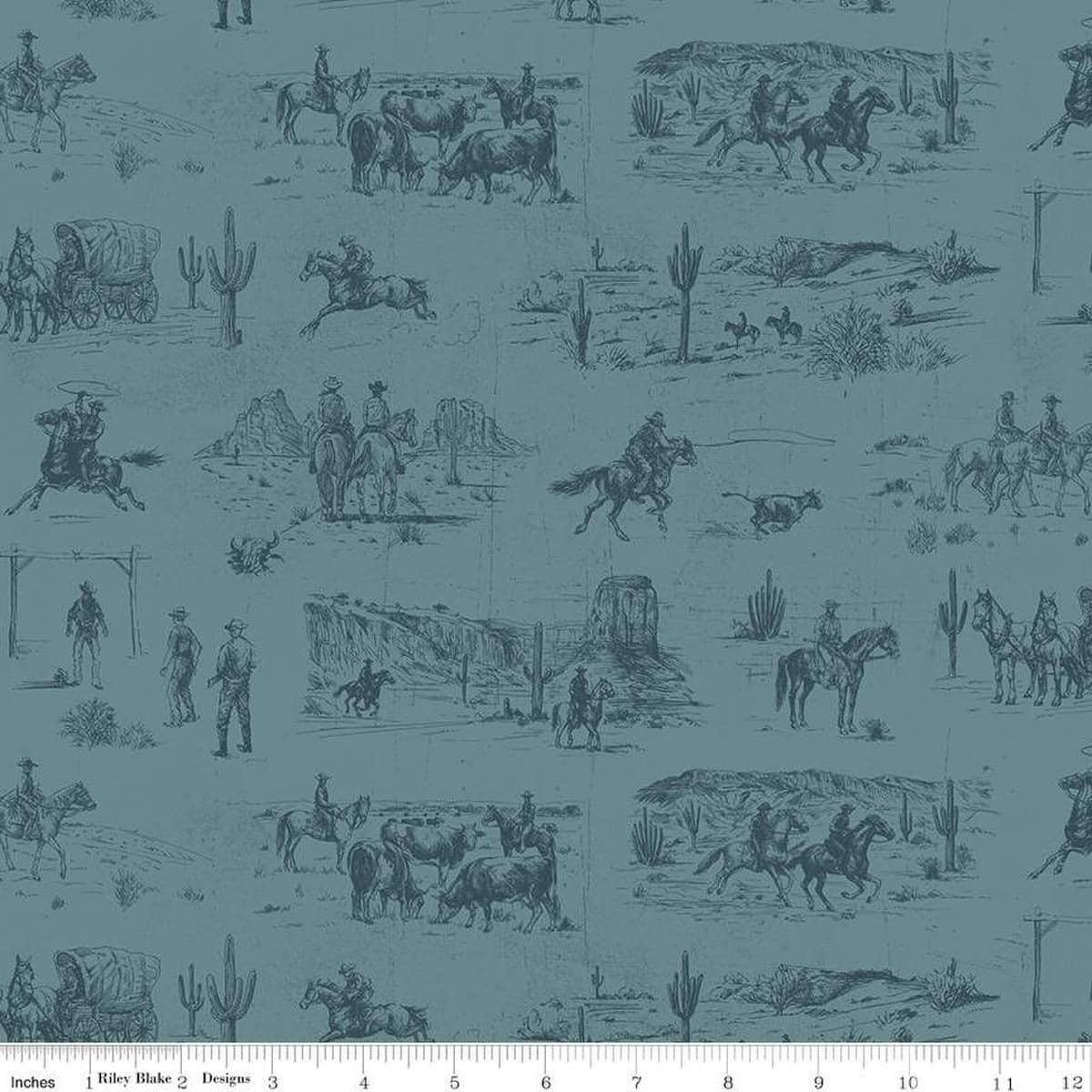 Image of John Wayne American West Main Denim quilting cotton fabric by Riley Blake Official Product for Riley Blake Designs. Features cowboys on a blue background. Cute Little Fabric Shop