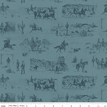 Image of John Wayne American West Main Denim quilting cotton fabric by Riley Blake Official Product for Riley Blake Designs. Features cowboys on a blue background. Cute Little Fabric Shop