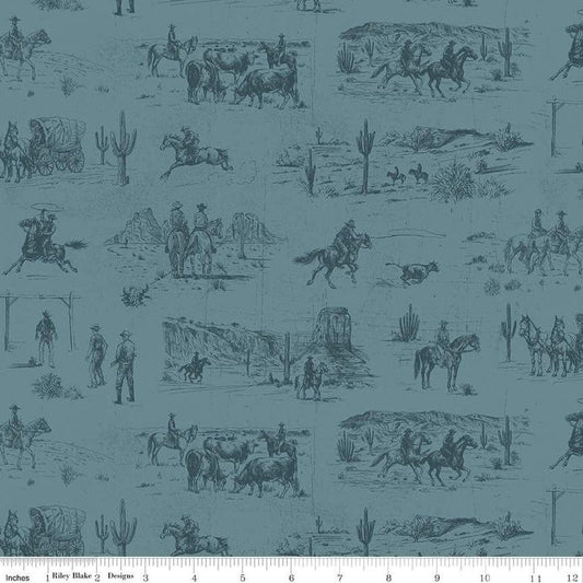Image of John Wayne American West Main Denim quilting cotton fabric by Riley Blake Official Product for Riley Blake Designs. Features cowboys on a blue background. Cute Little Fabric Shop