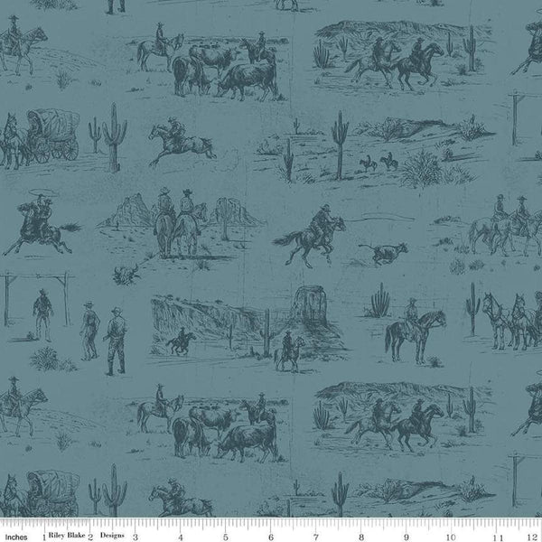 Image of John Wayne American West Main Denim quilting cotton fabric by Riley Blake Official Product for Riley Blake Designs. Features cowboys on a blue background. Cute Little Fabric Shop