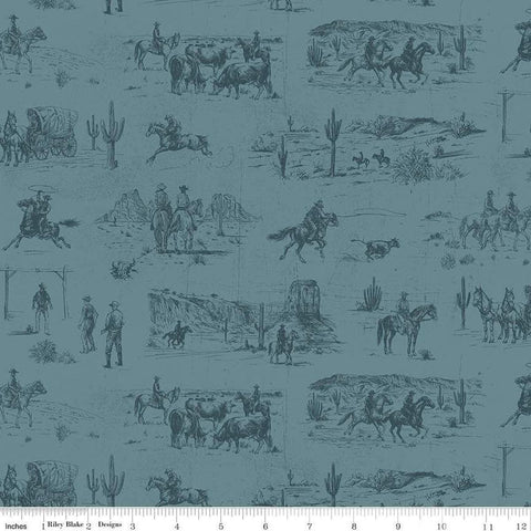 Image of John Wayne American West Main Denim quilting cotton fabric by Riley Blake Official Product for Riley Blake Designs. Features cowboys on a blue background. Cute Little Fabric Shop