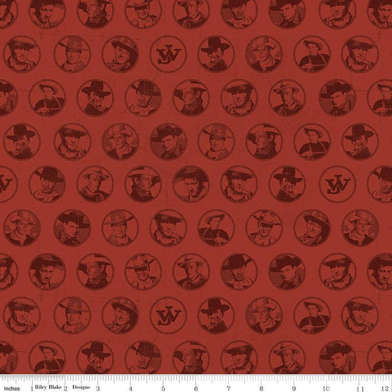 Image of John Wayne American West Circles Red quilting cotton fabric by Riley Blake Official Product for Riley Blake Designs. Features cowboys on a red background. Cute Little Fabric Shop