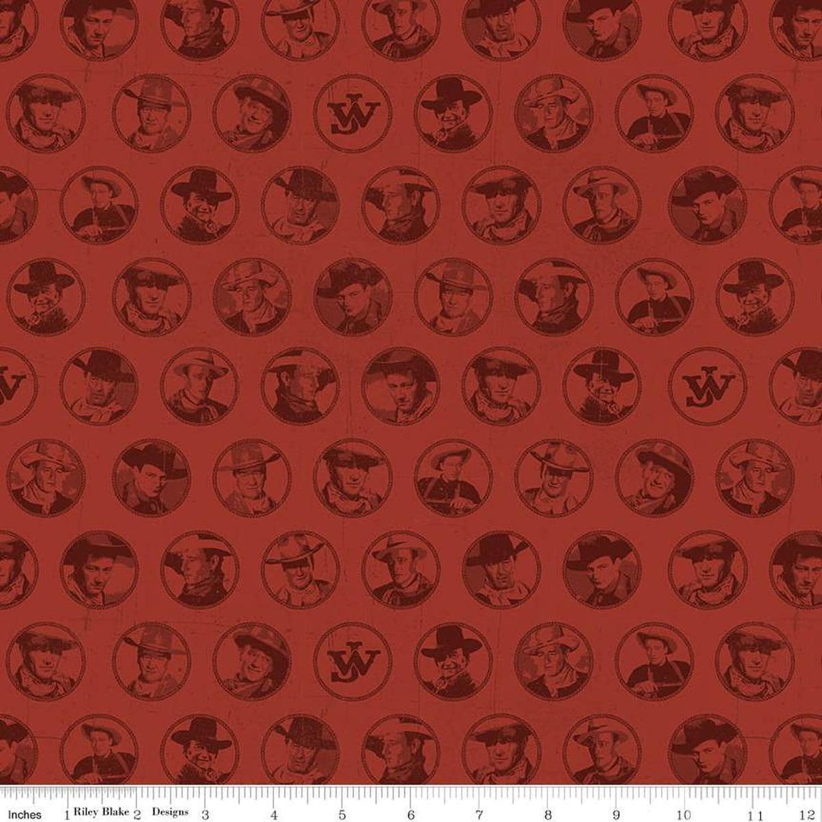 Image of John Wayne American West Circles Red quilting cotton fabric by Riley Blake Official Product for Riley Blake Designs. Features cowboys on a red background. Cute Little Fabric Shop