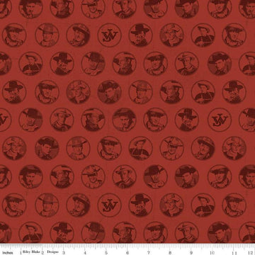 Image of John Wayne American West Circles Red quilting cotton fabric by Riley Blake Official Product for Riley Blake Designs. Features cowboys on a red background. Cute Little Fabric Shop