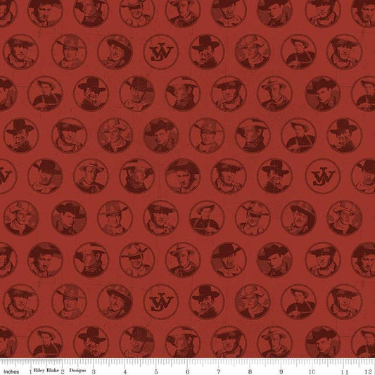 Image of John Wayne American West Circles Red quilting cotton fabric by Riley Blake Official Product for Riley Blake Designs. Features cowboys on a red background. Cute Little Fabric Shop