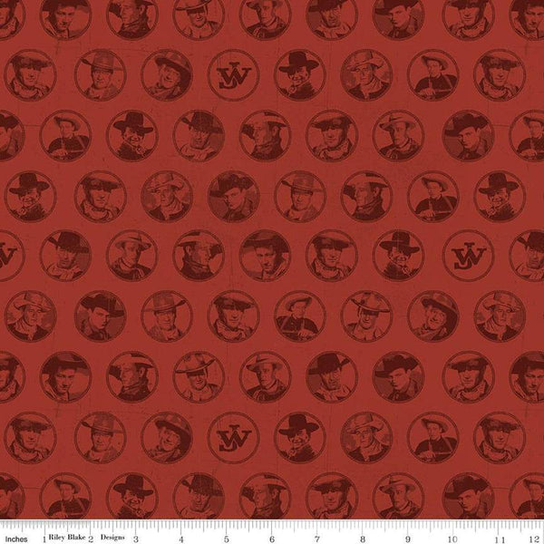 Image of John Wayne American West Circles Red quilting cotton fabric by Riley Blake Official Product for Riley Blake Designs. Features cowboys on a red background. Cute Little Fabric Shop