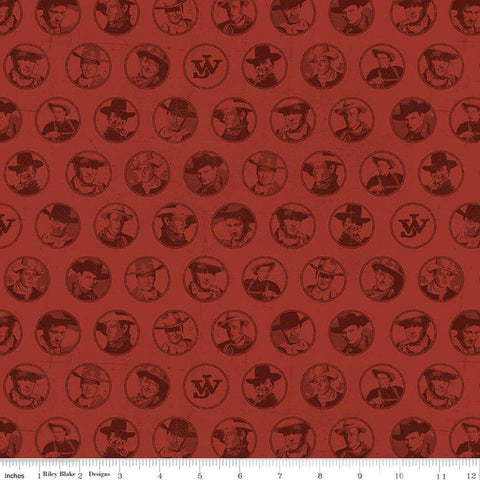 Image of John Wayne American West Circles Red quilting cotton fabric by Riley Blake Official Product for Riley Blake Designs. Features cowboys on a red background. Cute Little Fabric Shop
