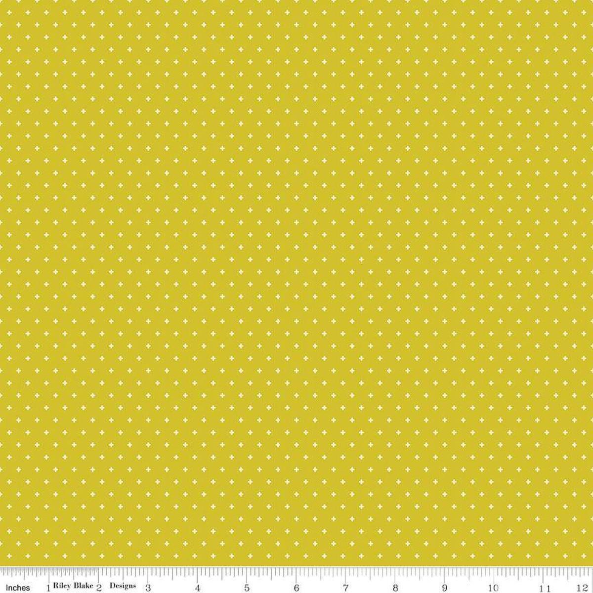Image of Essence Foils Citron quilting cotton fabric by Fran Gulick for Riley Blake Designs. Features stars on a yellow background. Cute Little Fabric Shop