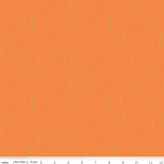 Image of Essence Raindrops Orange quilting cotton fabric by Fran Gulick for Riley Blake Designs. Features rain on an orange background. Cute Little Fabric Shop
