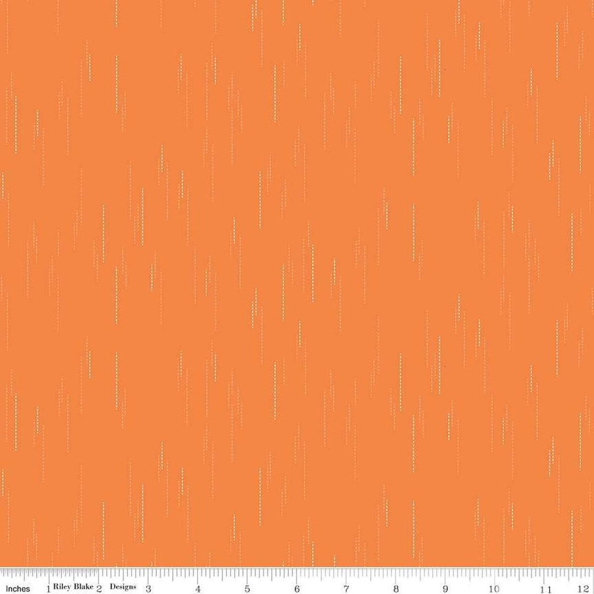 Image of Essence Raindrops Orange quilting cotton fabric by Fran Gulick for Riley Blake Designs. Features rain on an orange background. Cute Little Fabric Shop
