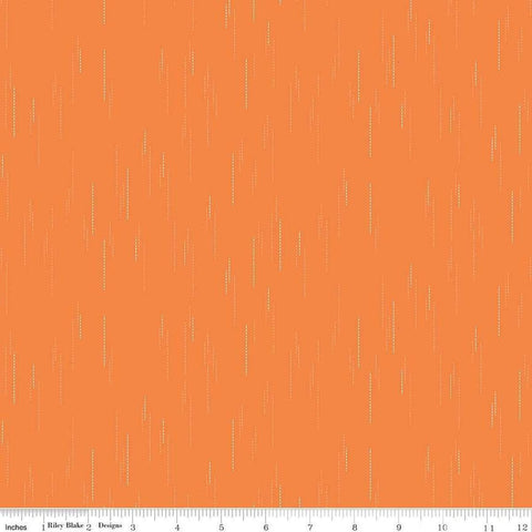 Image of Essence Raindrops Orange quilting cotton fabric by Fran Gulick for Riley Blake Designs. Features rain on an orange background. Cute Little Fabric Shop