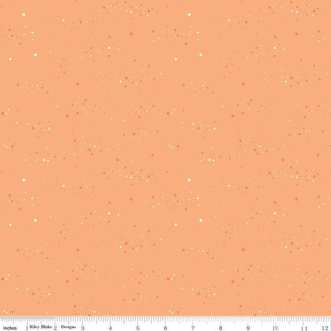 Image of Essence Starlight Marmalade quilting cotton fabric by Fran Gulick for Riley Blake Designs. Features stars on an orange background. Cute Little Fabric Shop