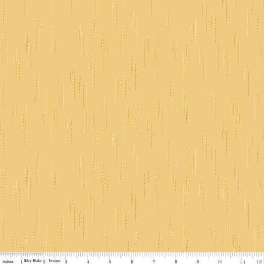 Image of Essence Raindrops Beehive quilting cotton fabric by Fran Gulick for Riley Blake Designs. Features rain on a yellow background. Cute Little Fabric Shop