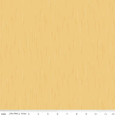 Image of Essence Raindrops Beehive quilting cotton fabric by Fran Gulick for Riley Blake Designs. Features rain on a yellow background. Cute Little Fabric Shop