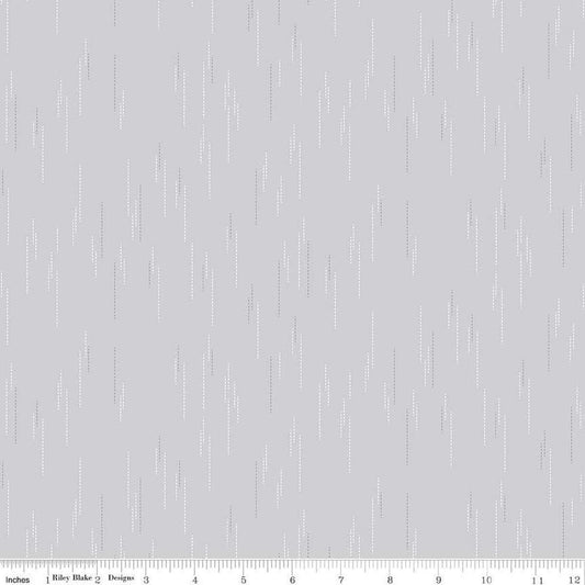 Image of Essence Raindrops Gray quilting cotton fabric by Fran Gulick for Riley Blake Designs. Features rain on a gray background. Cute Little Fabric Shop