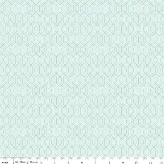 Image of Essence Lattice Iceberg quilting cotton fabric by Fran Gulick for Riley Blake Designs. Features hexagons on a blue background. Cute Little Fabric Shop