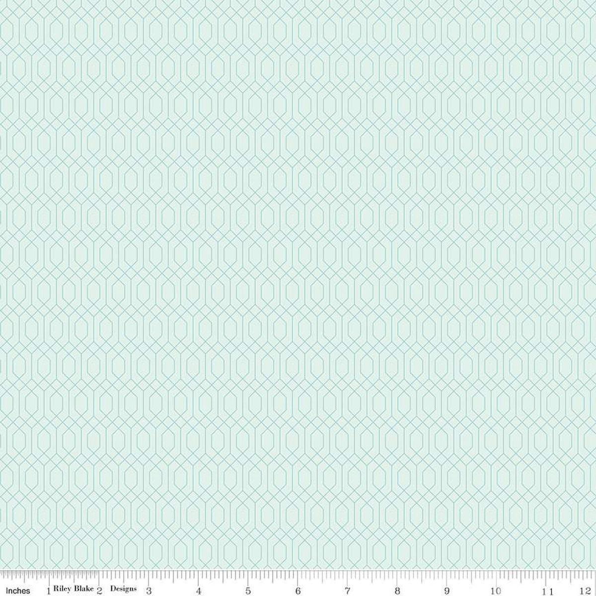 Image of Essence Lattice Iceberg quilting cotton fabric by Fran Gulick for Riley Blake Designs. Features hexagons on a blue background. Cute Little Fabric Shop