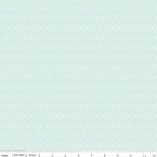 Image of Essence Lattice Iceberg quilting cotton fabric by Fran Gulick for Riley Blake Designs. Features hexagons on a blue background. Cute Little Fabric Shop