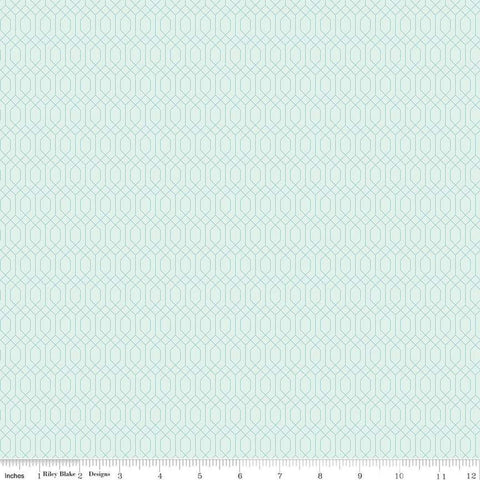 Image of Essence Lattice Iceberg quilting cotton fabric by Fran Gulick for Riley Blake Designs. Features hexagons on a blue background. Cute Little Fabric Shop