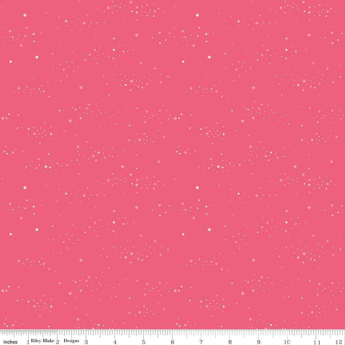 Image of Essence Starlight Hot Pink quilting cotton fabric by Fran Gulick for Riley Blake Designs. Features stars on a pink background. Cute Little Fabric Shop