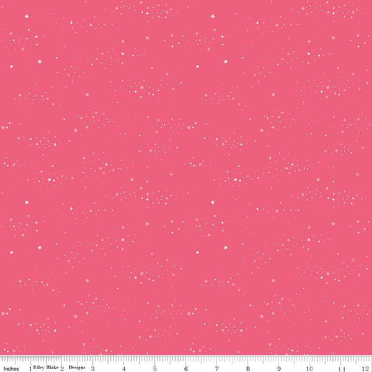 Image of Essence Starlight Hot Pink quilting cotton fabric by Fran Gulick for Riley Blake Designs. Features stars on a pink background. Cute Little Fabric Shop