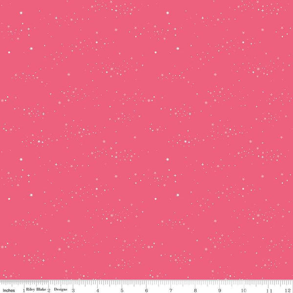 Image of Essence Starlight Hot Pink quilting cotton fabric by Fran Gulick for Riley Blake Designs. Features stars on a pink background. Cute Little Fabric Shop